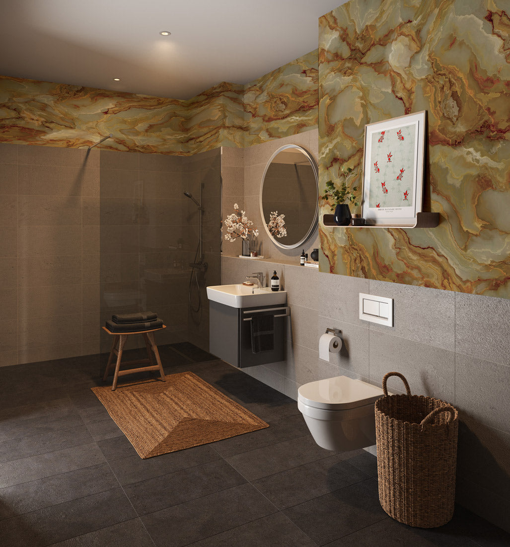 Golden Harmony Marble Mural Wallpaper in bathroom