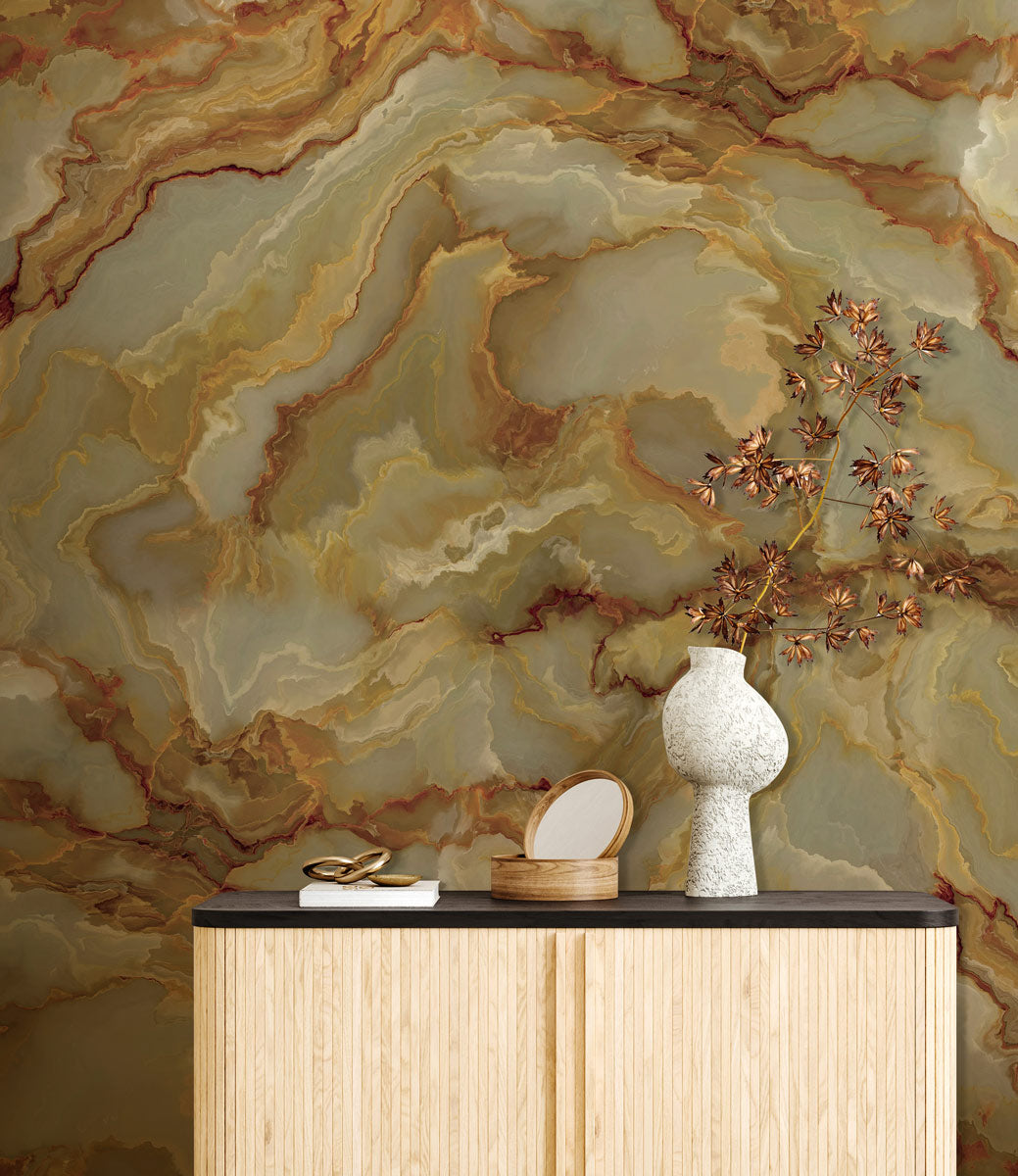 Golden Harmony Marble Mural Wallpaper in living room