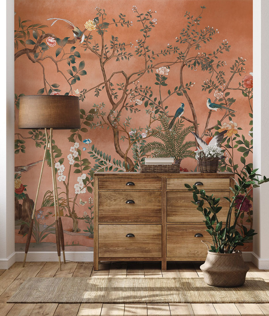 Whimsical Birdsong Mural Wallpaper in living room