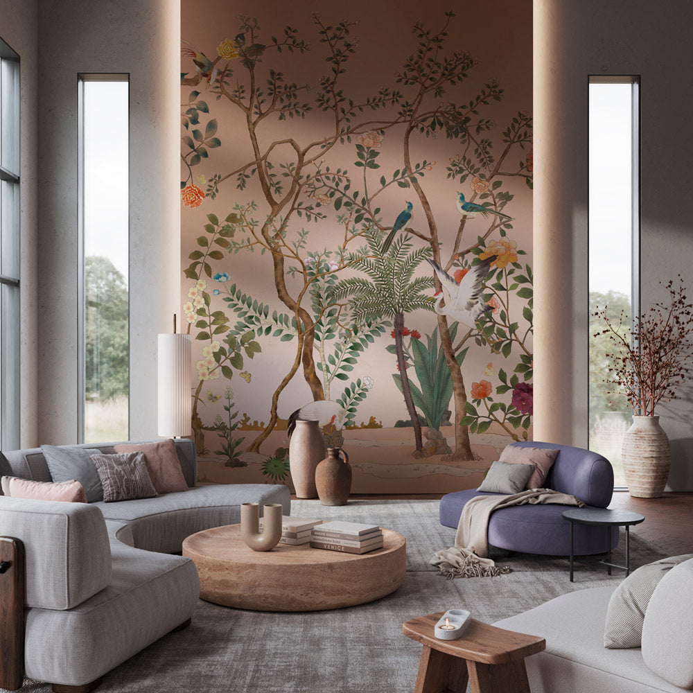 Peach Blossom Paradise Mural Wallpaper in living room