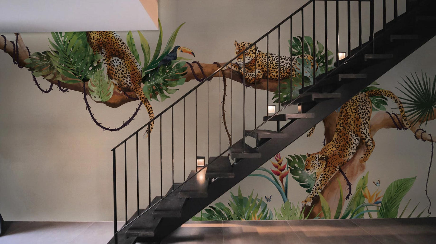 three leopards in the forest mural hallway