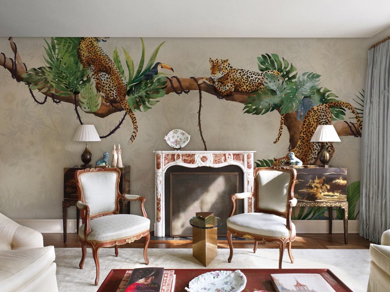 Cheetah satying at a tree mural living room