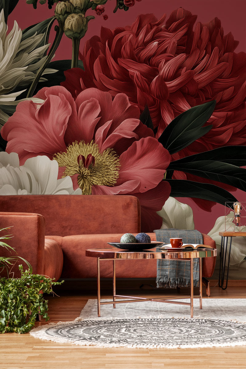Crimson Bloom Bouquet Mural Wallpaper