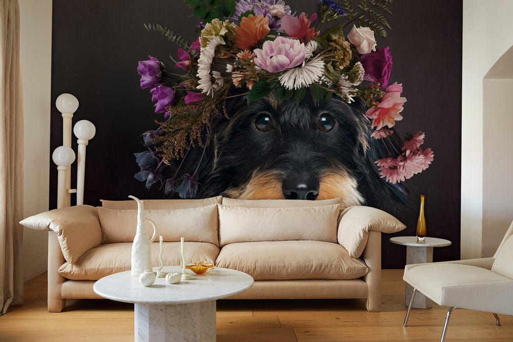 flowers and a black dog decorating the living room with wall murals