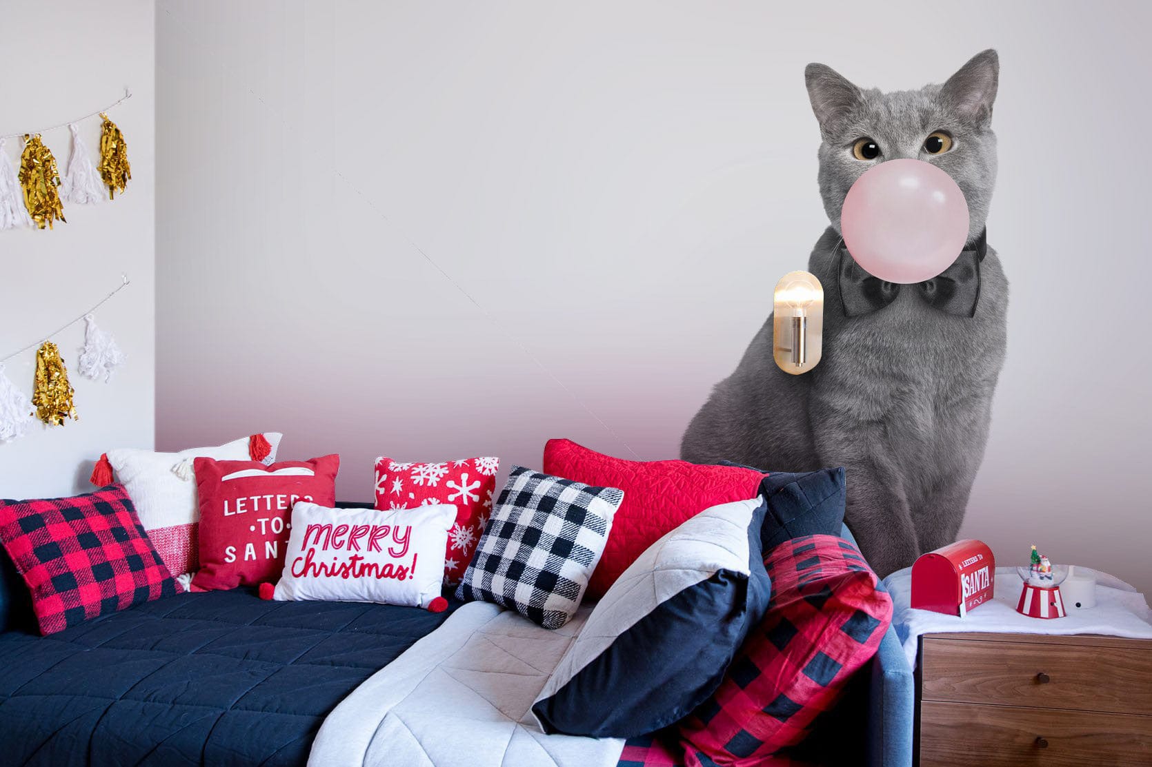 living room wall murals of an elegant Russian blue cat blowing a pink bubble