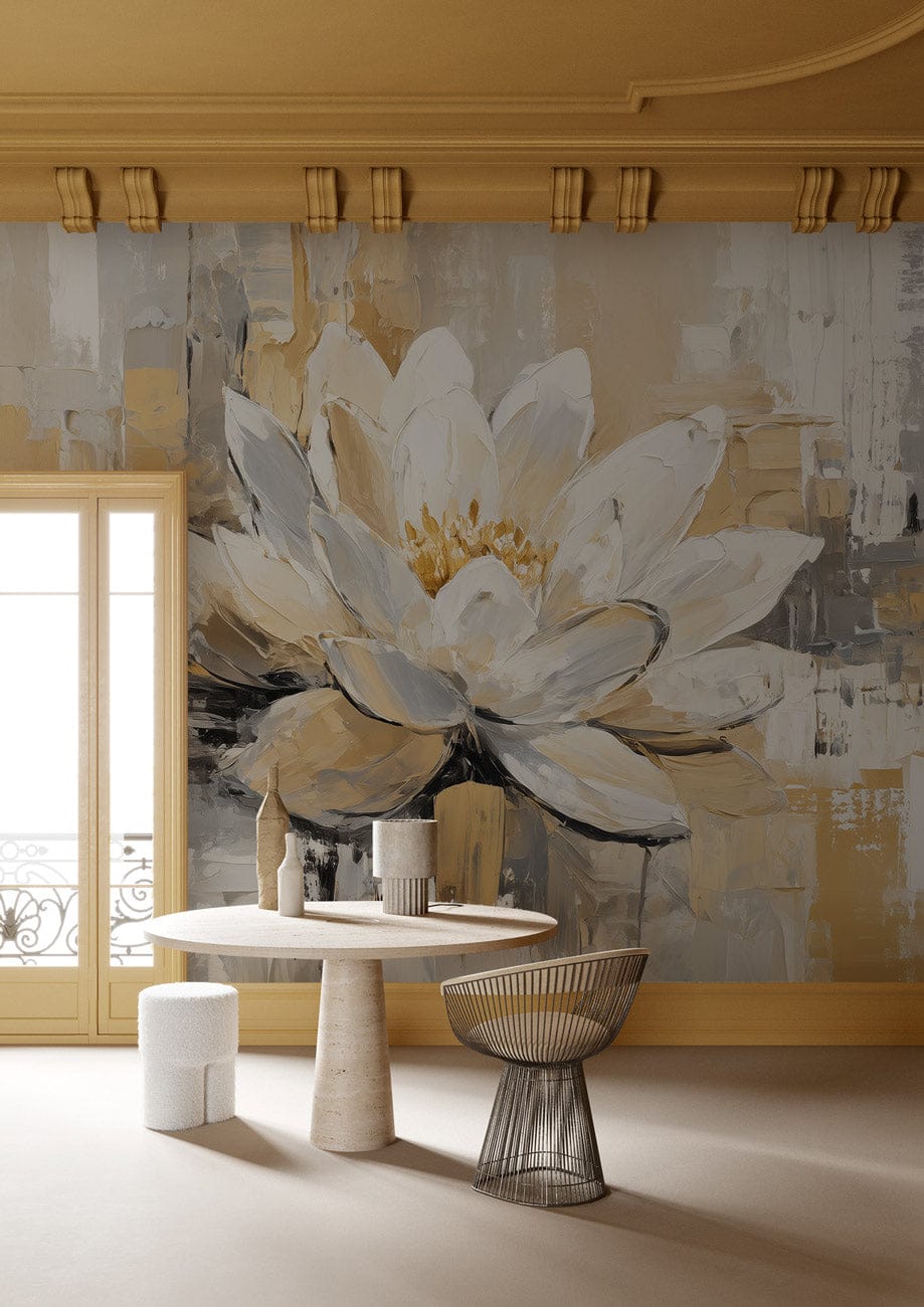 Golden Ivory Lotus Abstraction Mural Wallpaper