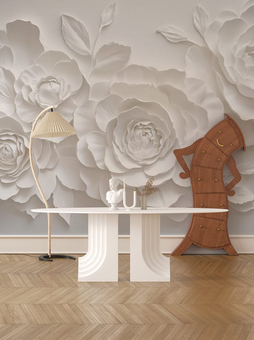 Ivory Paper Rose Relief Mural Wallpaper