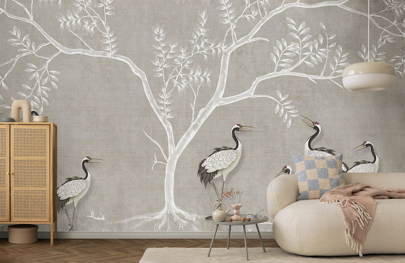 Elegant Crane Bird Botanical Mural Wallpaper
