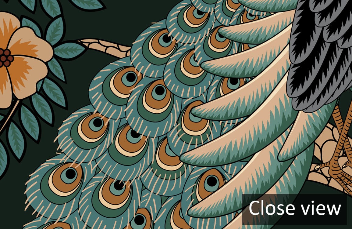 Elegant dark green jungle wildlife wallpaper with intricate peacock feather design for exotic interiors.