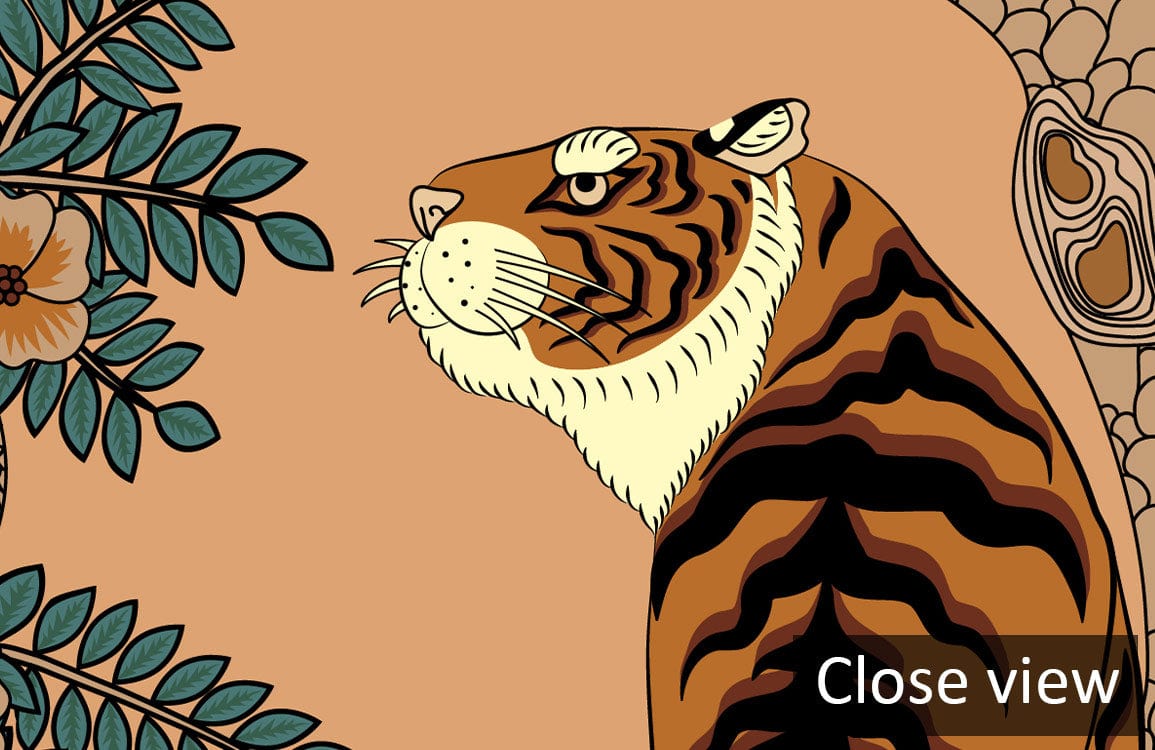 Close-up of tiger patterned wallpaper with earthy brown and green hues, featuring botanical motifs.