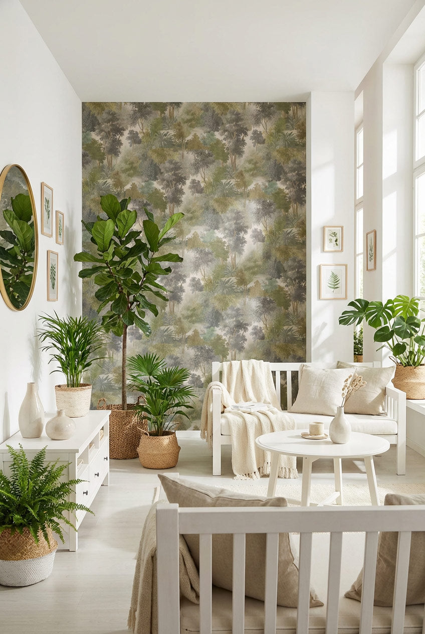 Misty Woodland Scenic Pattern Wallpaper