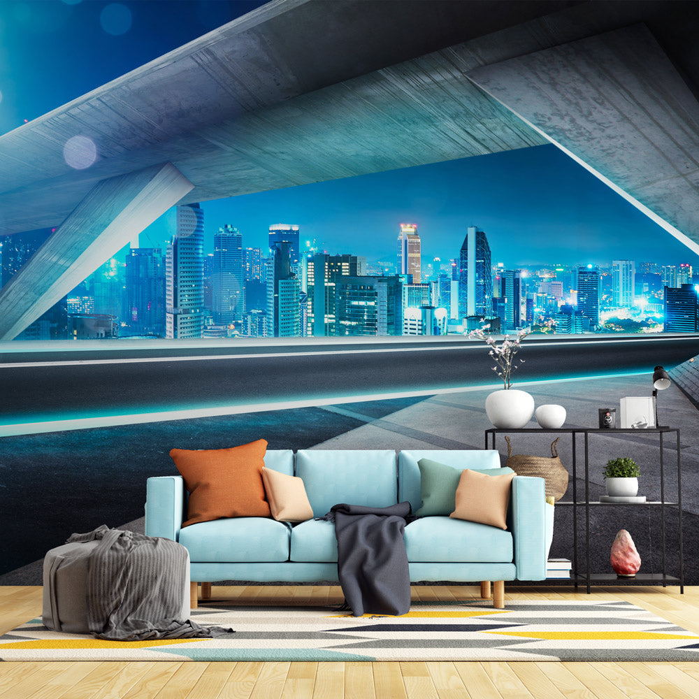 Futuristic Cityscape Panorama Mural Wallpaper in living room