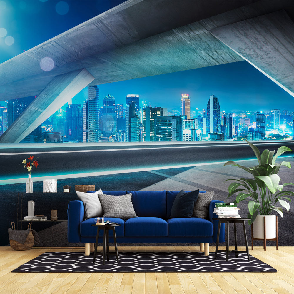 Futuristic Cityscape Panorama Mural Wallpaper in living room