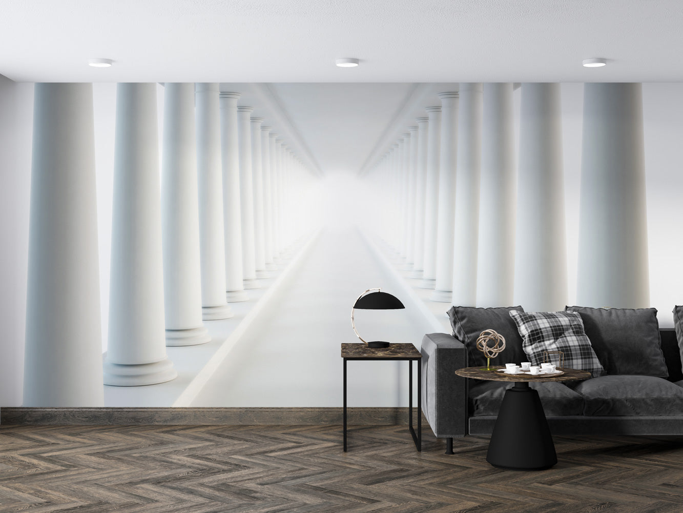 Endless Pillar Pathway Mural Wallpaper in living room