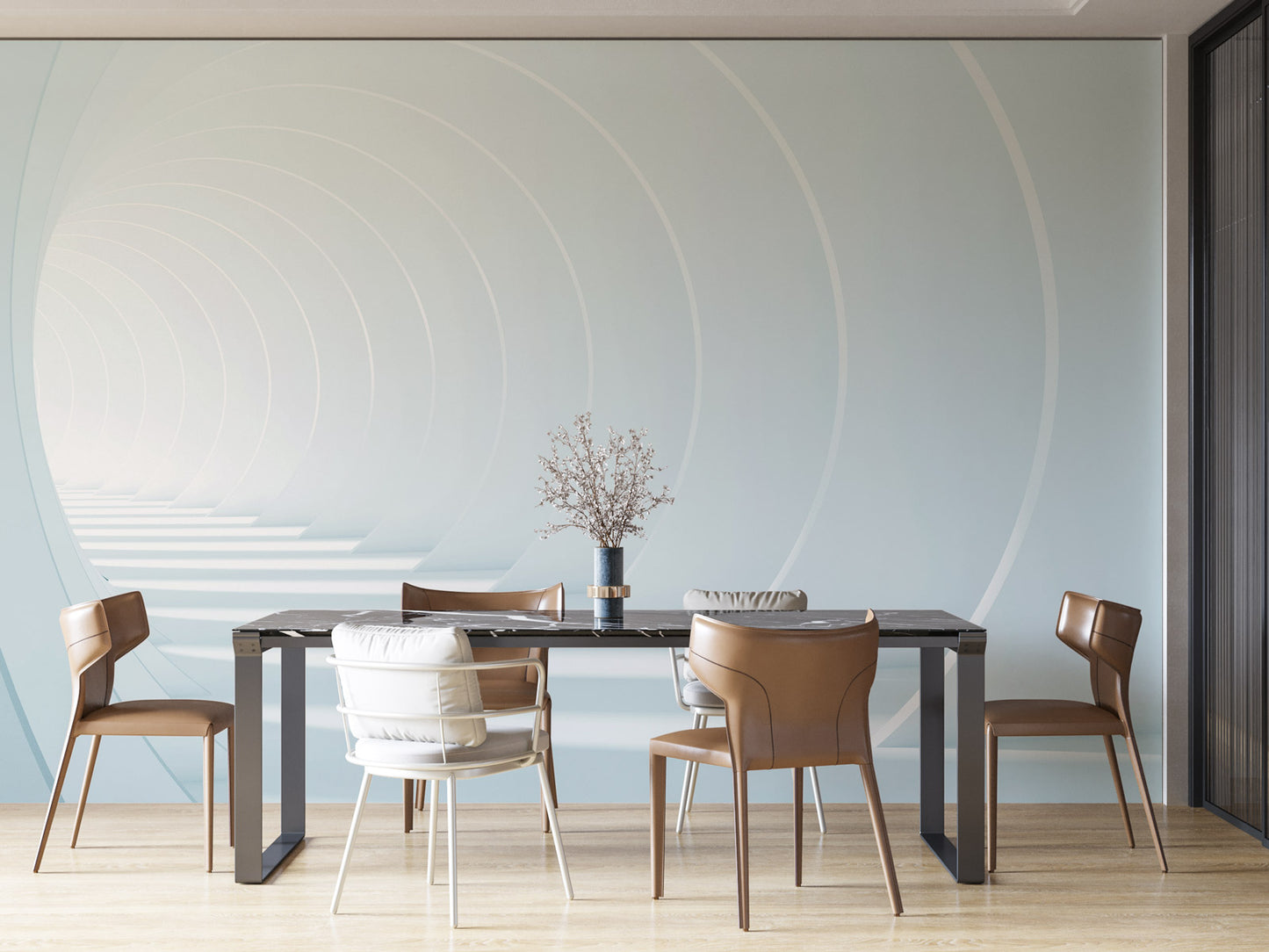 Elegant Curved Perspective Mural Wallpaper in dining room
