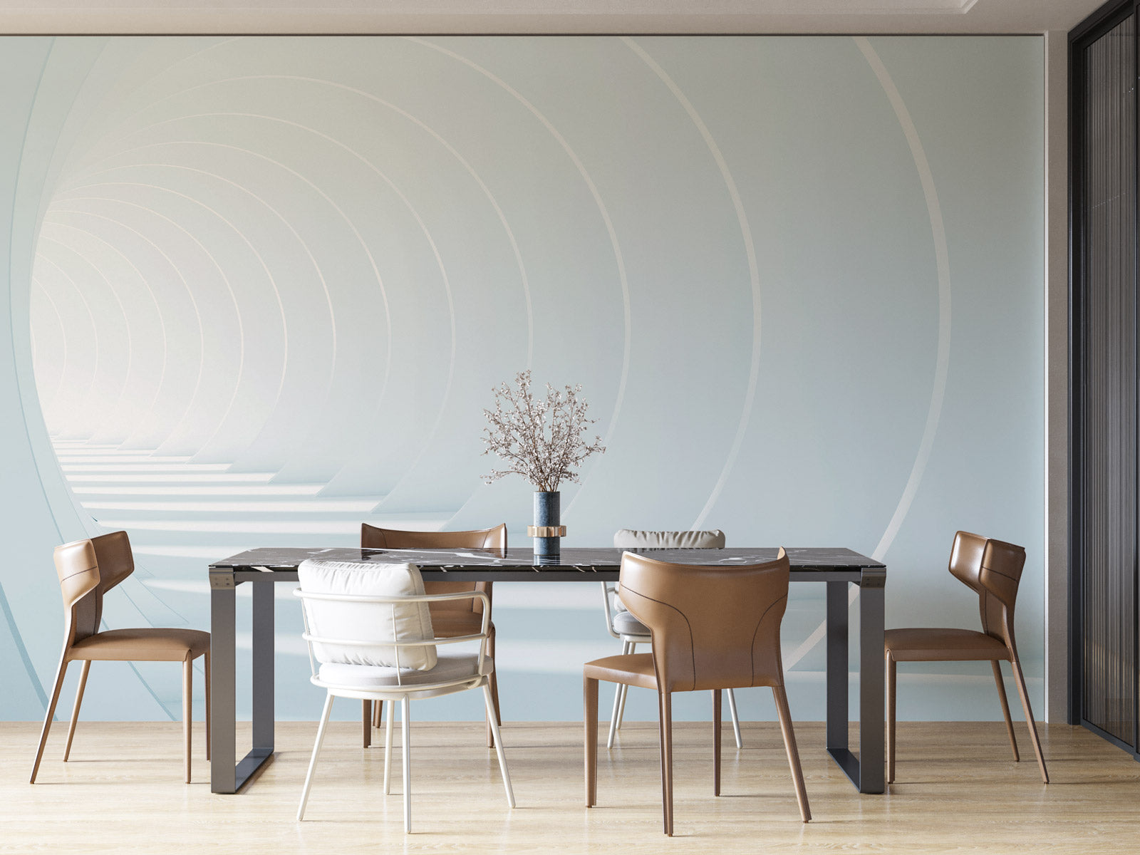 Elegant Curved Perspective Mural Wallpaper in dining room
