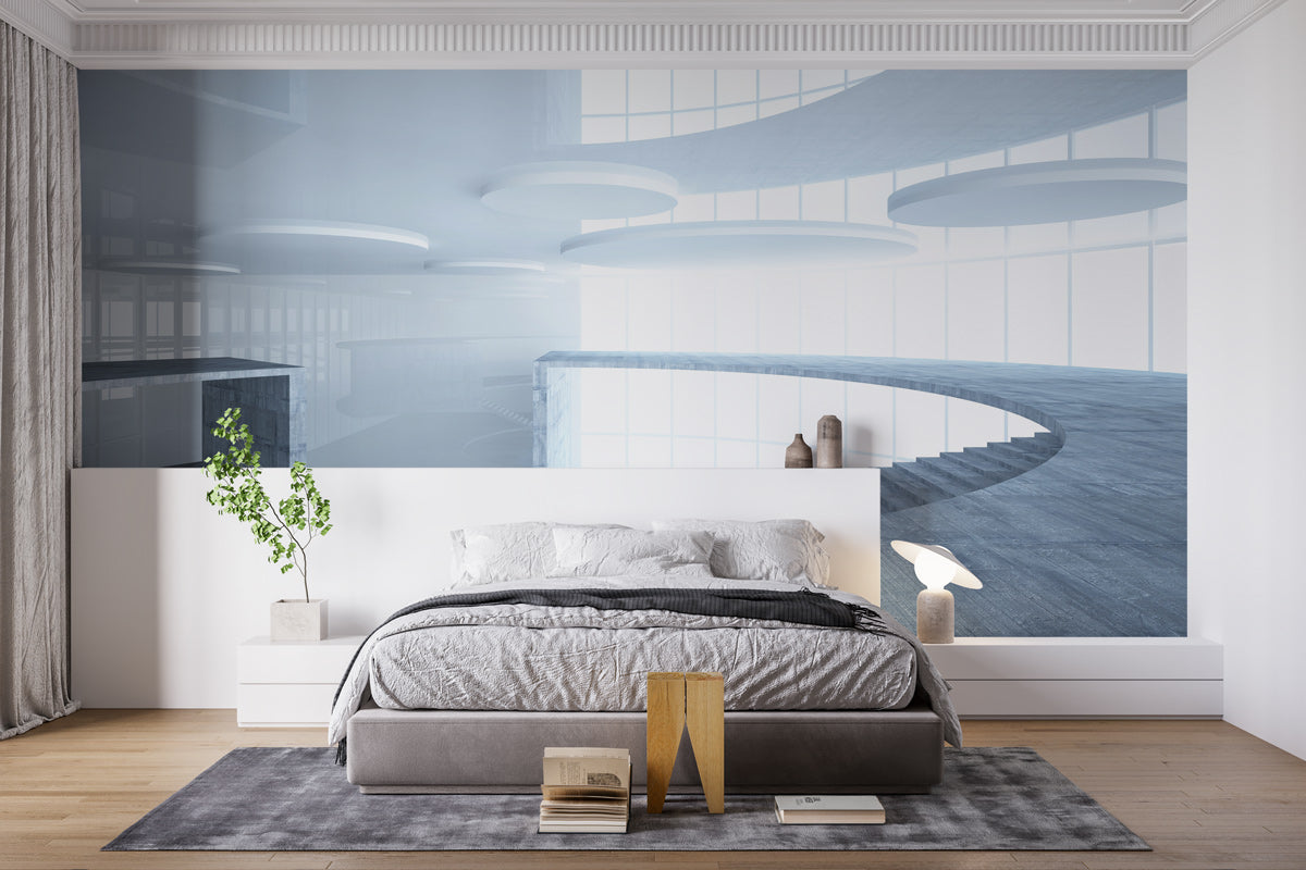 Curved Futuristic Staircase Design Mural Wallpaper in bedroom