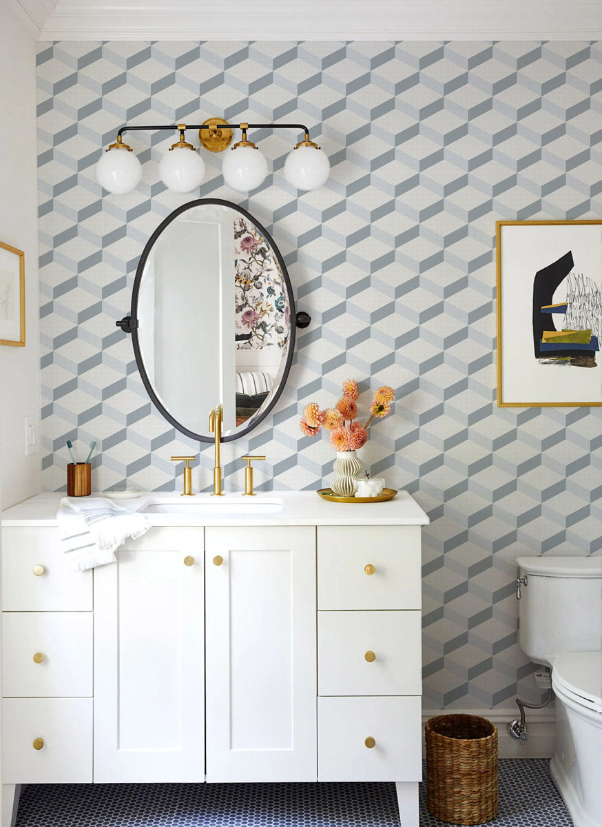 Blue Geometric Harmony Mural Wallpaper in bathroom