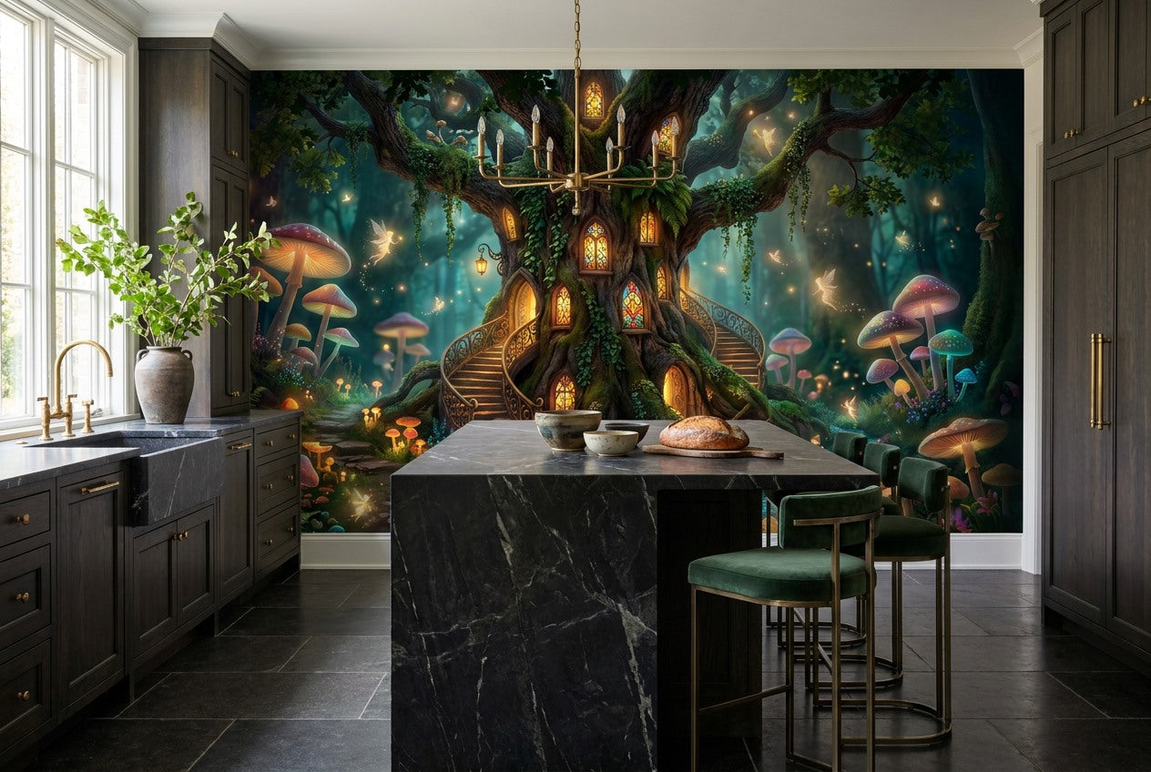 Teal Mushroom Tree Enchanted Forest Wallpaper Mural - image 7