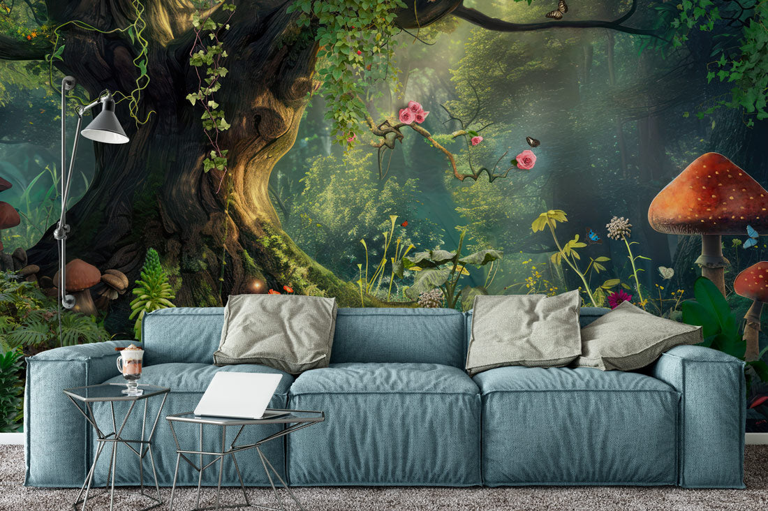 Mystical Forest Retreat Mural Wallpaper in living room