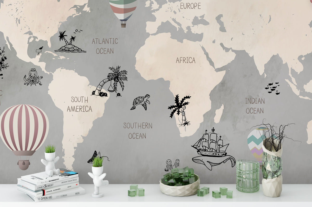 Whimsical World Map Hot Air Balloons Mural Wallpaper in playroom