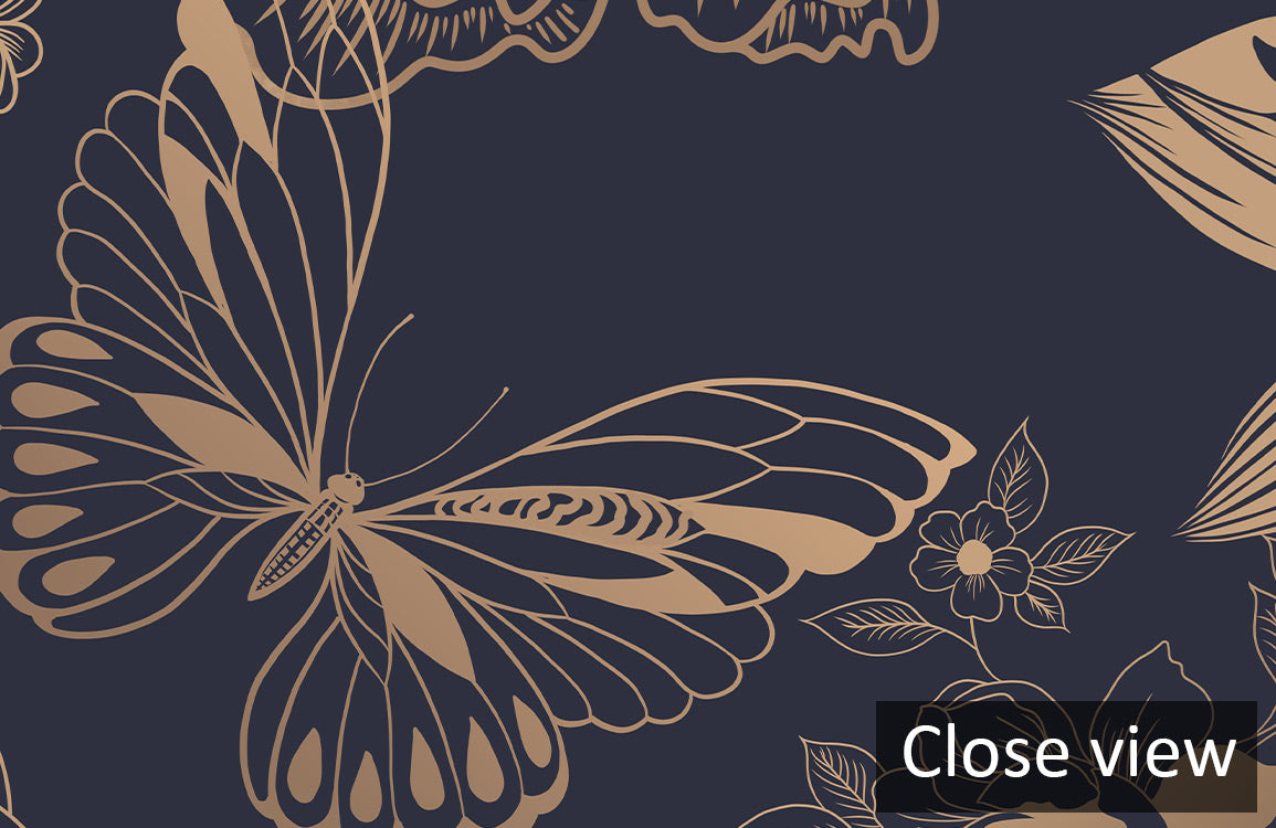 Elegant Gold Floral Navy Mural Wallpaper