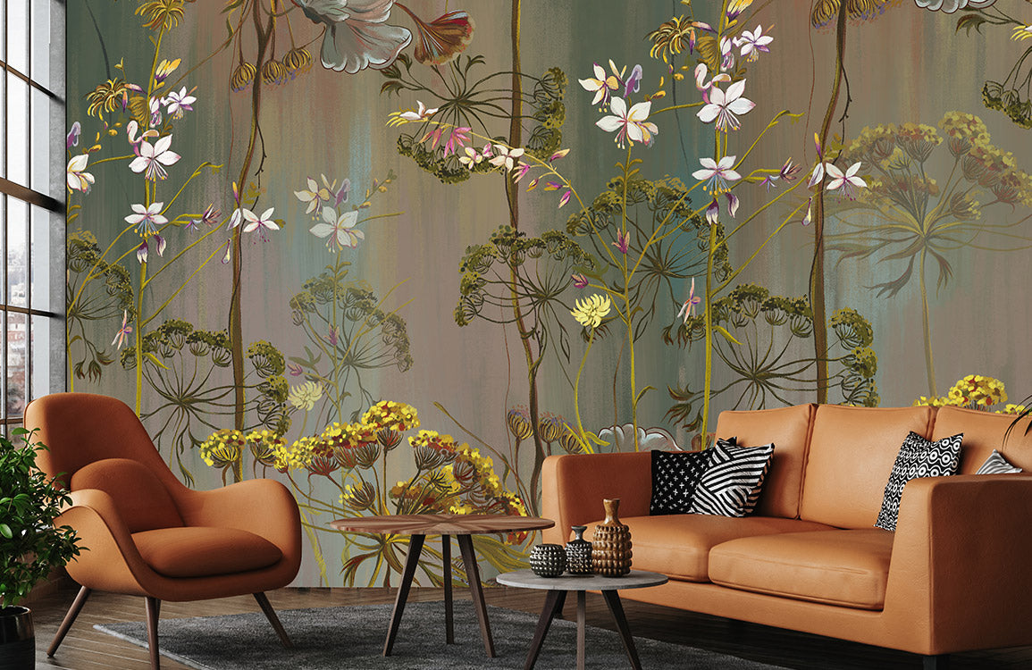 Elegant Floral Botanical Garden Wallpaper Mural in living room