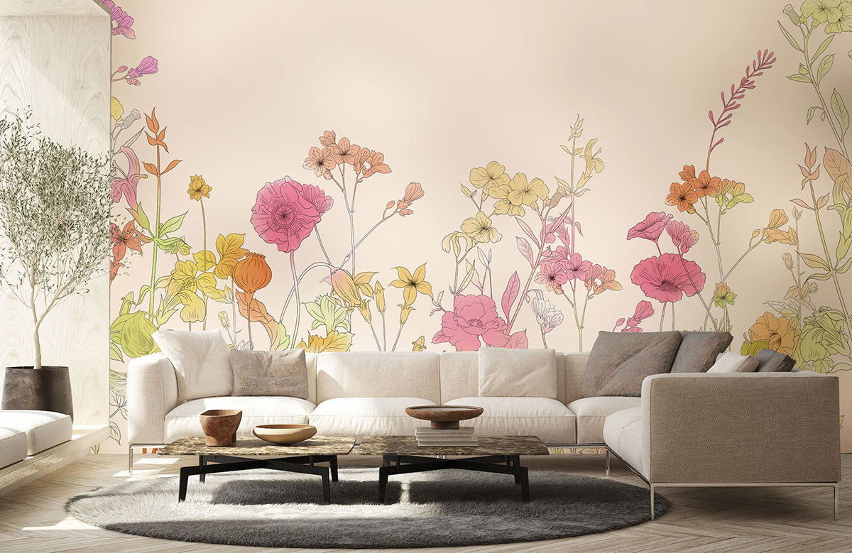 Vintage Botanical Sketch Floral Mural Wallpaper