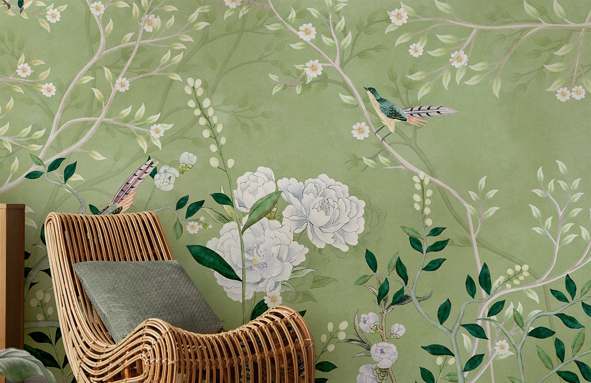 Elegant Botanical Birds Green Mural Wallpaper