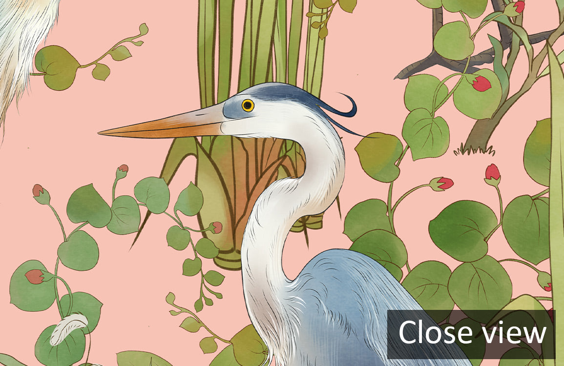 Tropical Heron Pink Botanical Mural Wallpaper