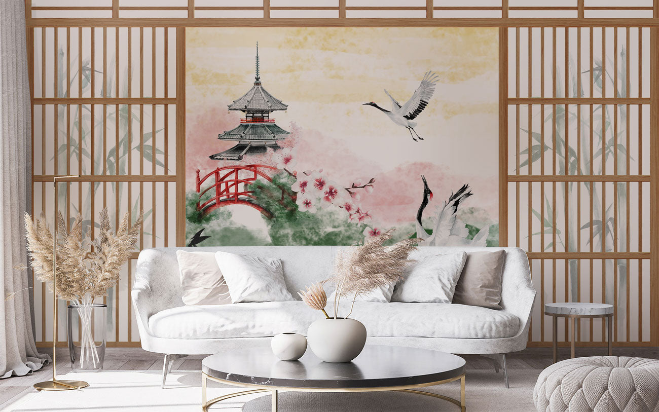 Cranes at Tranquil Pagoda Mural Wallpaper in living room