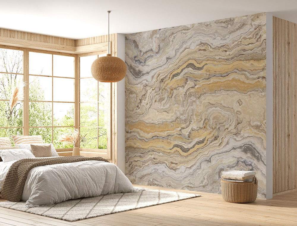 Golden Dune Marble Mural Wallpaper in bedroom