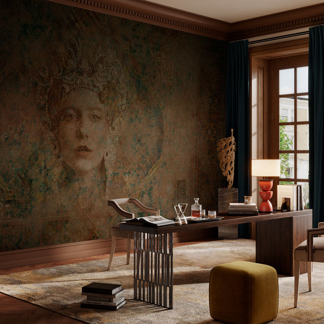 Vintage Queen Portrait Textured Wallpaper in office