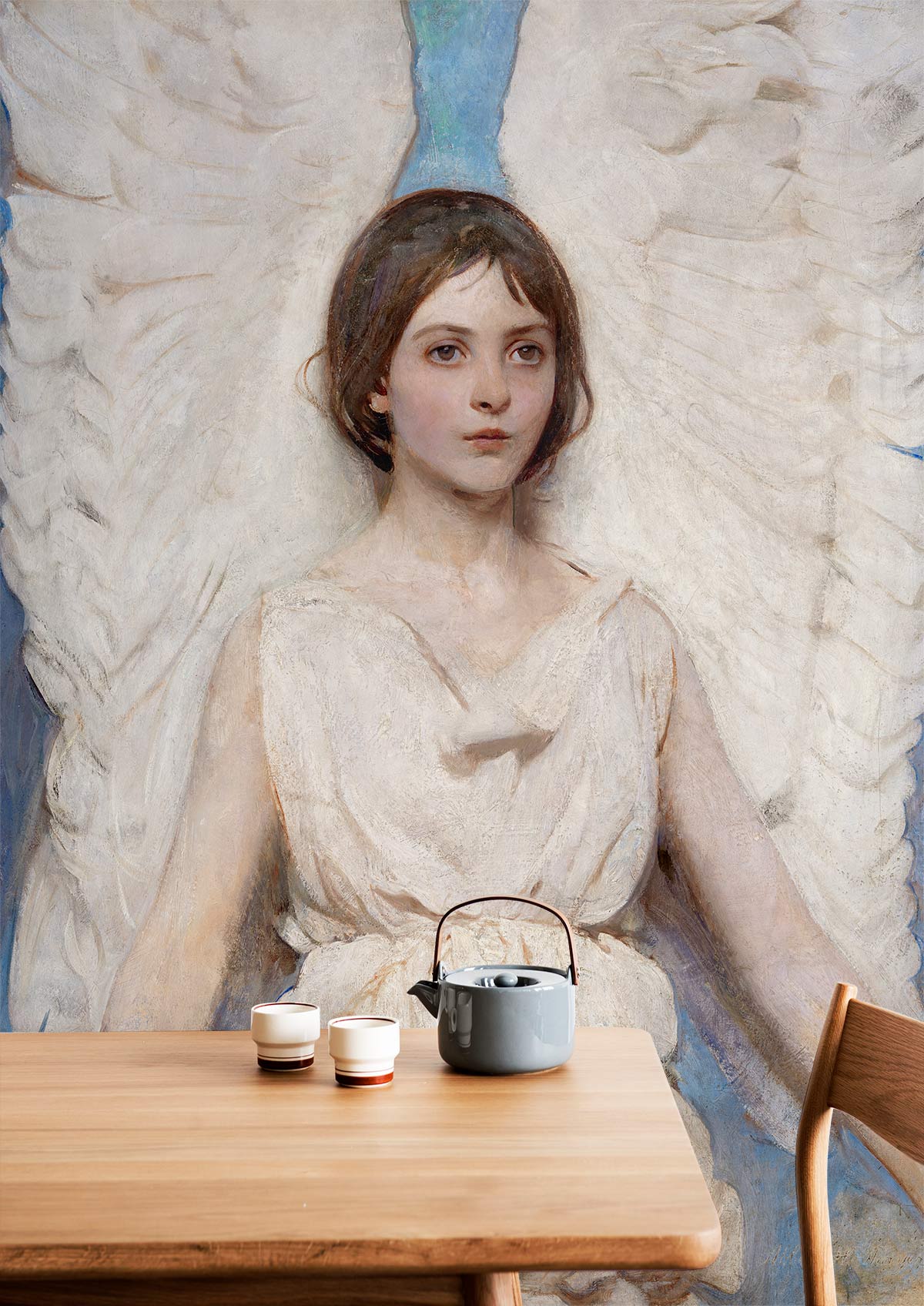 a room with an angel mural wallpaper