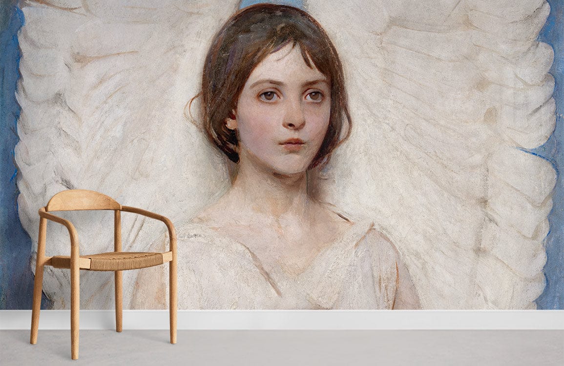 a room with an angel mural wallpaper