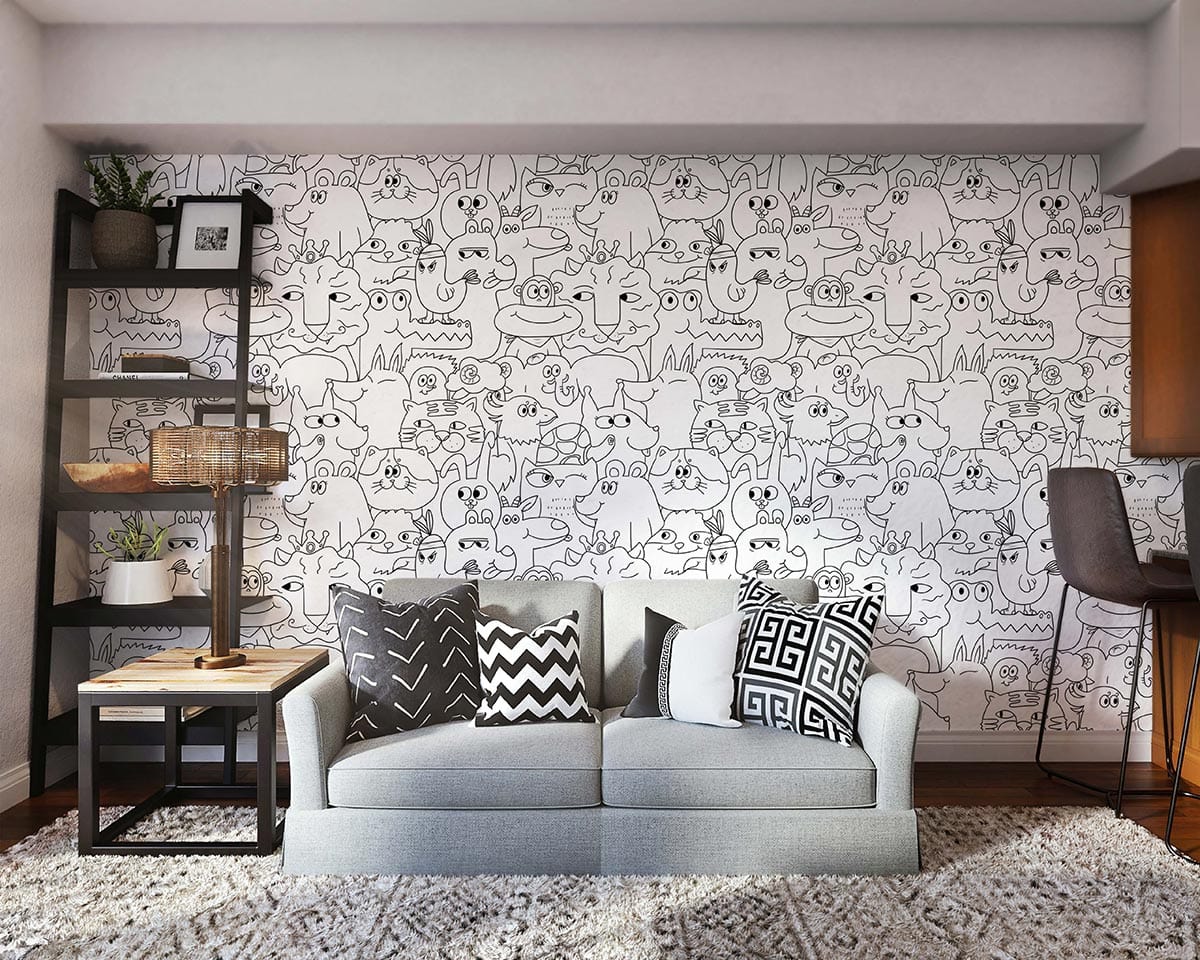 Animals in a single hue are featured on a wallcovering mural that may be used for interior design.