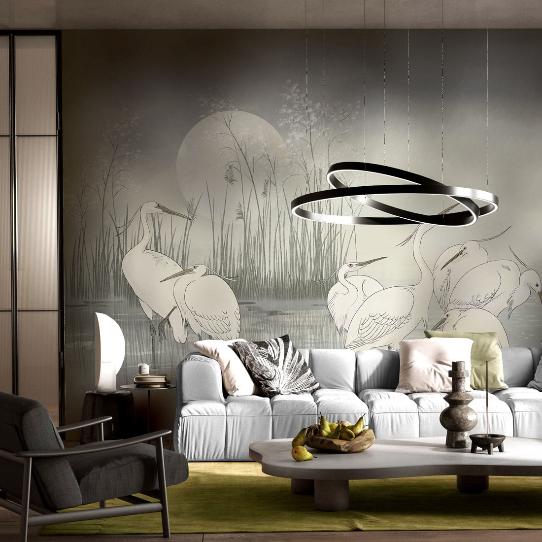 Moonlit Egret Gathering Mural Wallpaper in living room