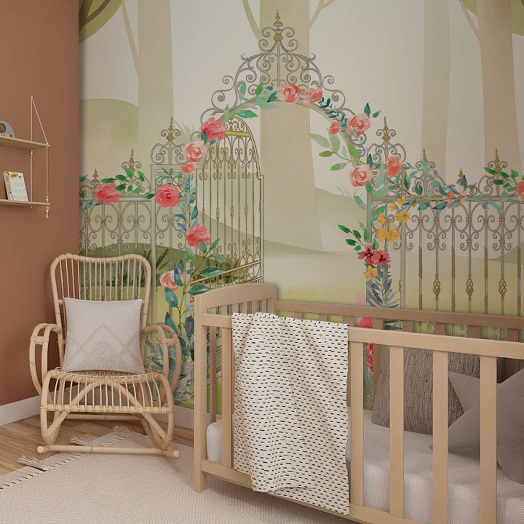 Gate with Flowers Wallpaper Mural Nursery Room