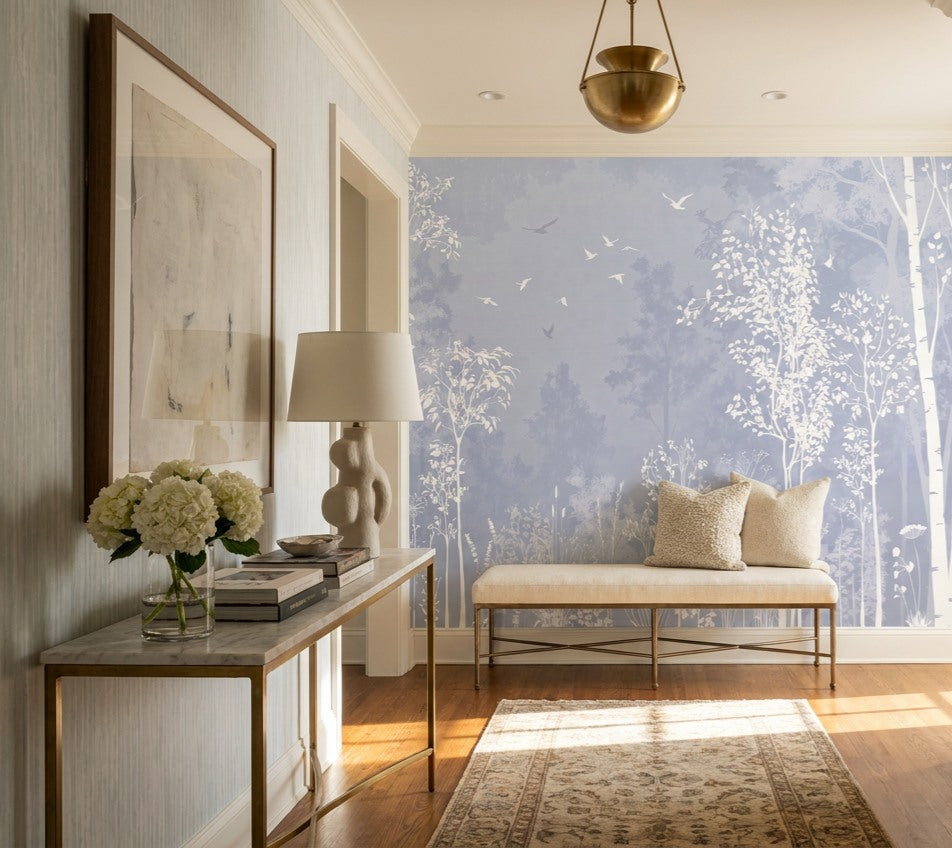 Blue birch forest wallpaper mural in a hallway