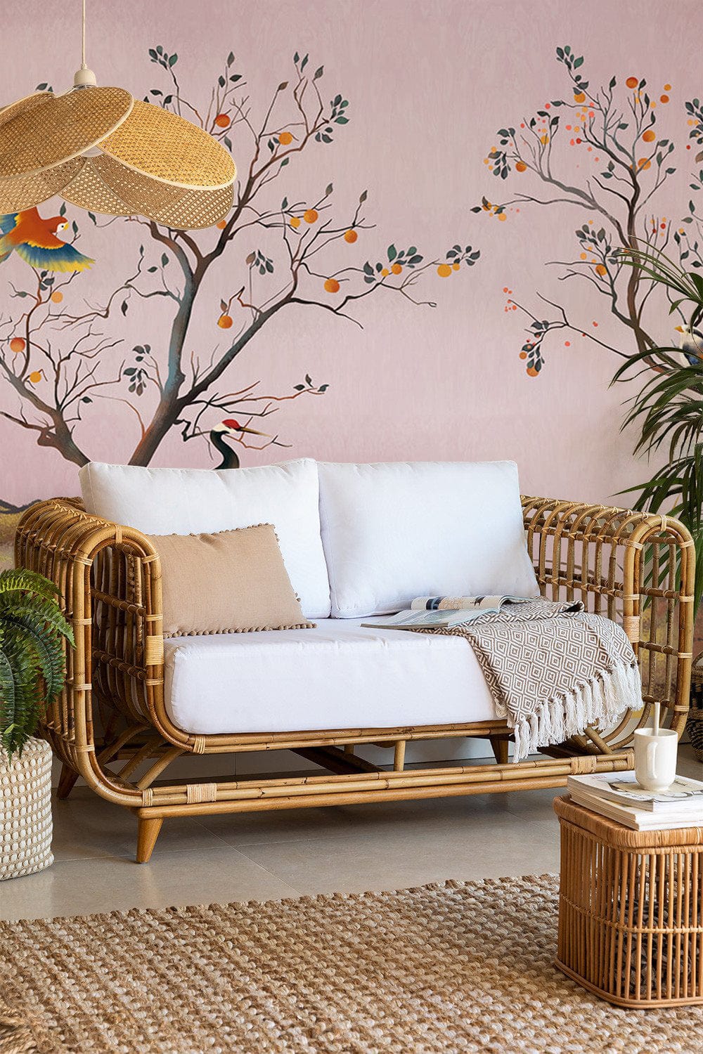 Wallpaper mural for living room decoration including birds and trees in autumn foliage.