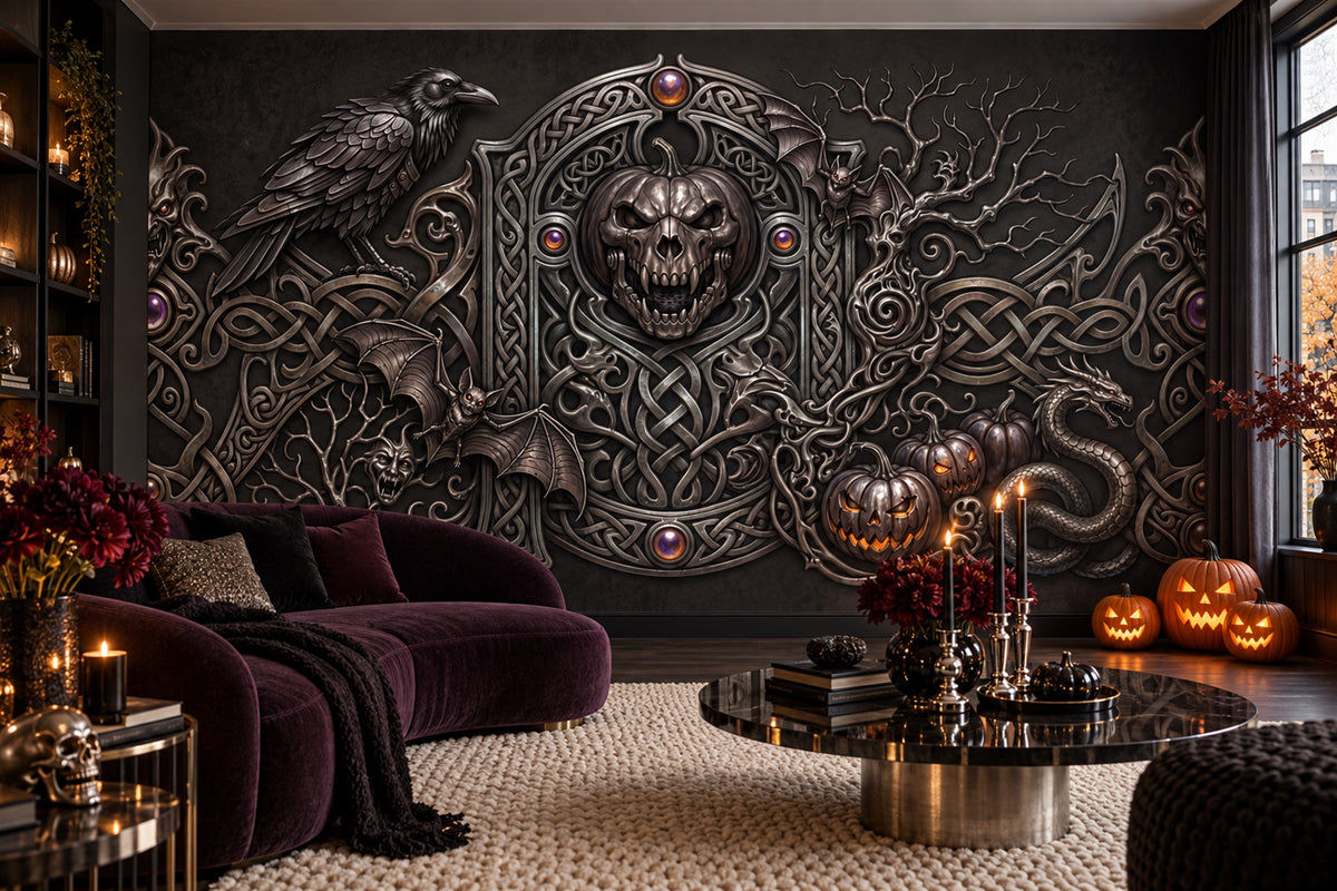 Raven Skull Serpent and Ornate Gothic Frame Halloween Wallpaper Mural - image 4