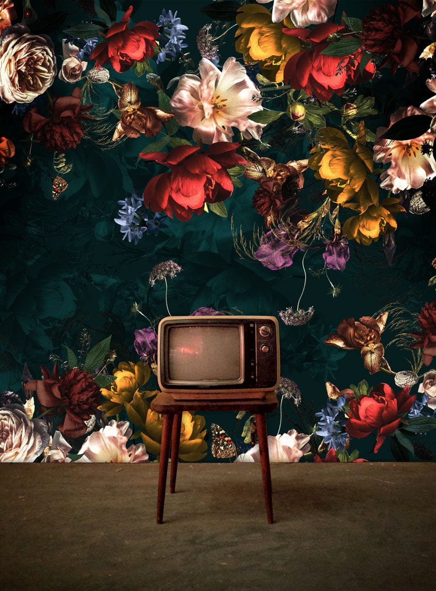 Blooms float in a deep pool on a corridor mural