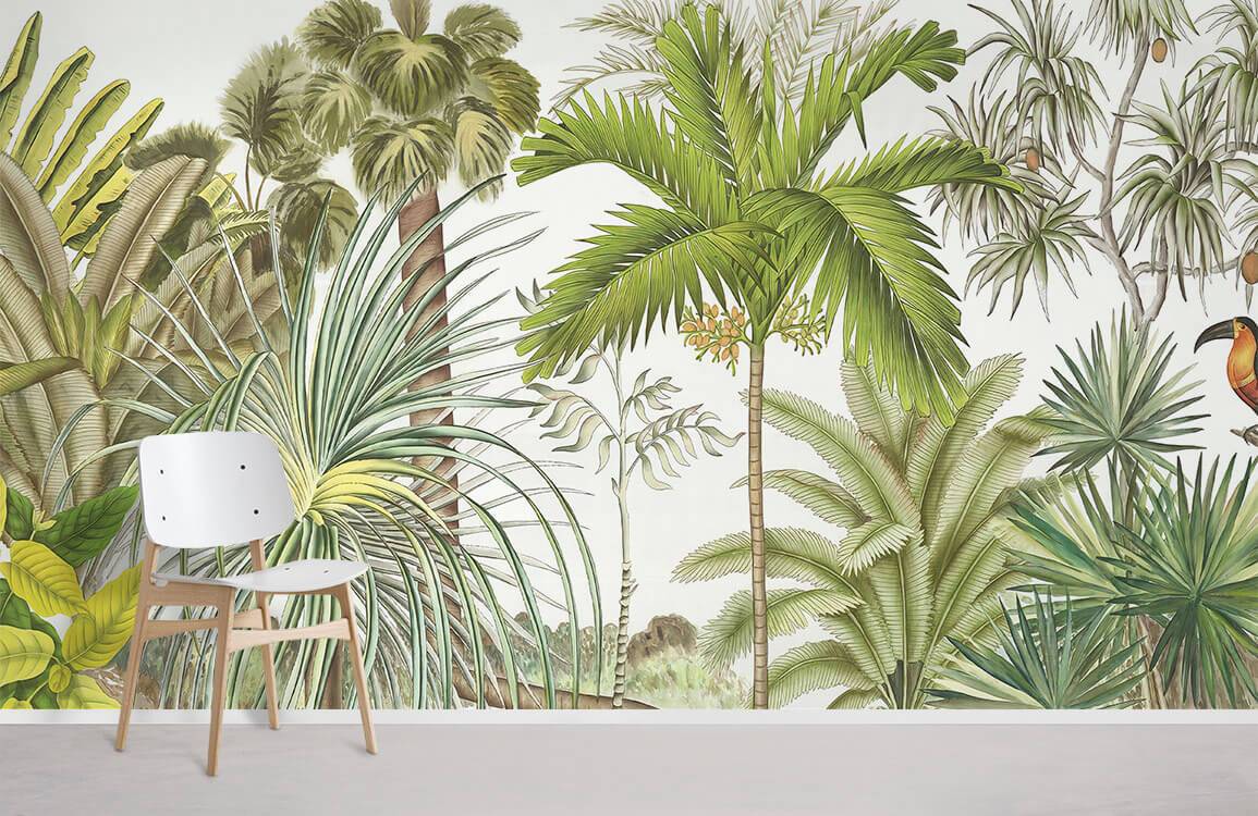 mural wallpaper featuring a botanically lovely jungle scene for interior decorating