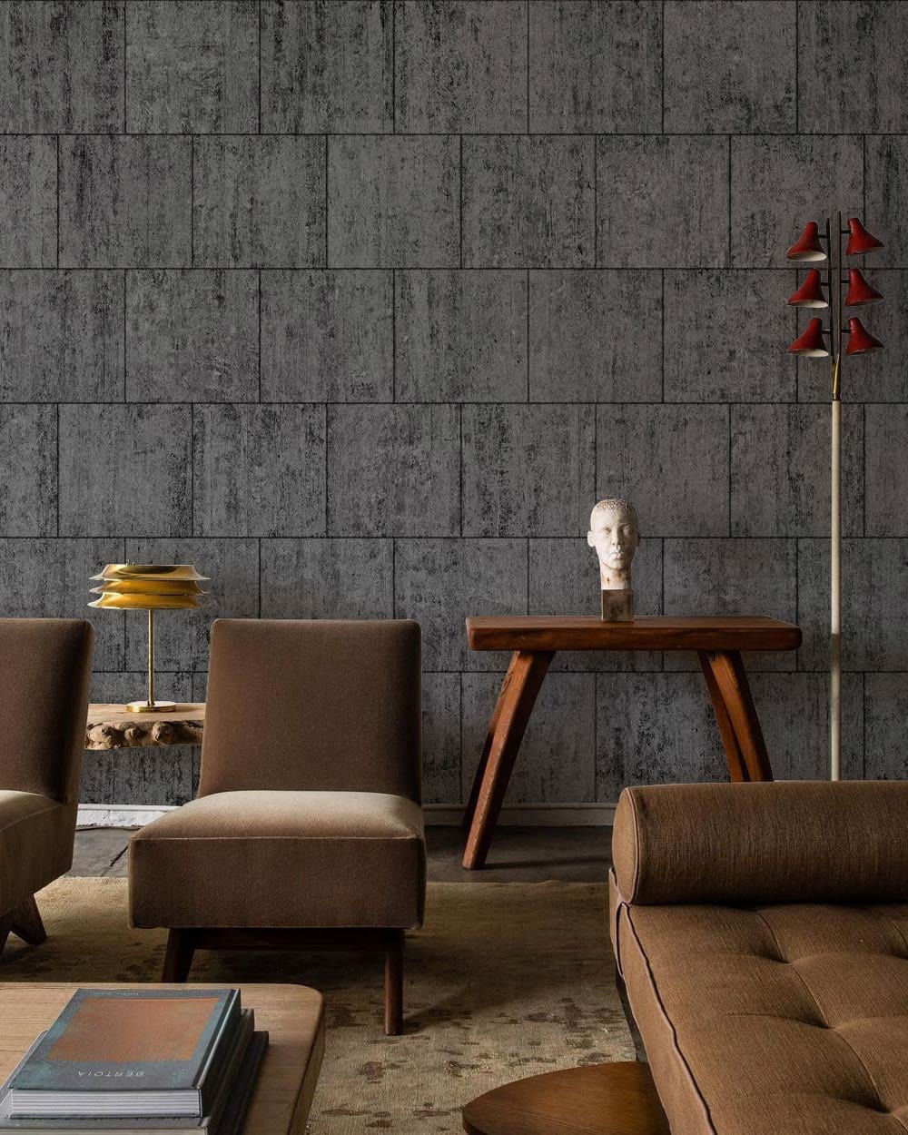 Gray wallpaper in a living room with a distinctive style