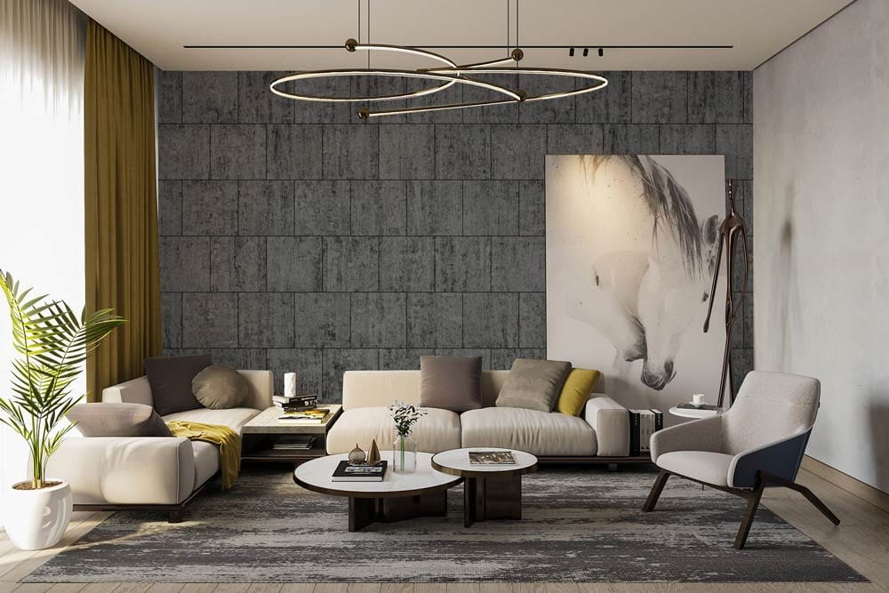 lounge design with a blank wall turned into a grey mural