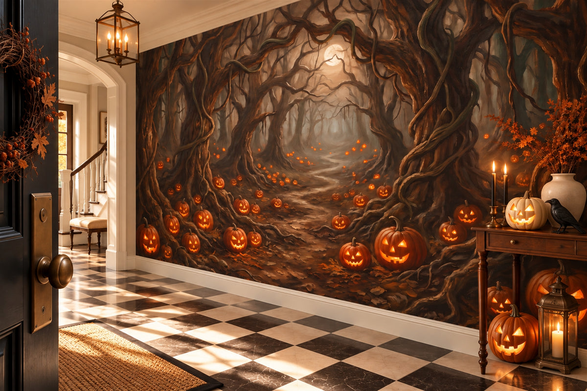 Glowing Jack-O'-Lantern Forest Halloween Wallpaper Mural room scene