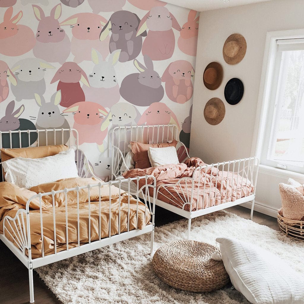 fat cute rabbits animal pattern wallpaper for nursery room