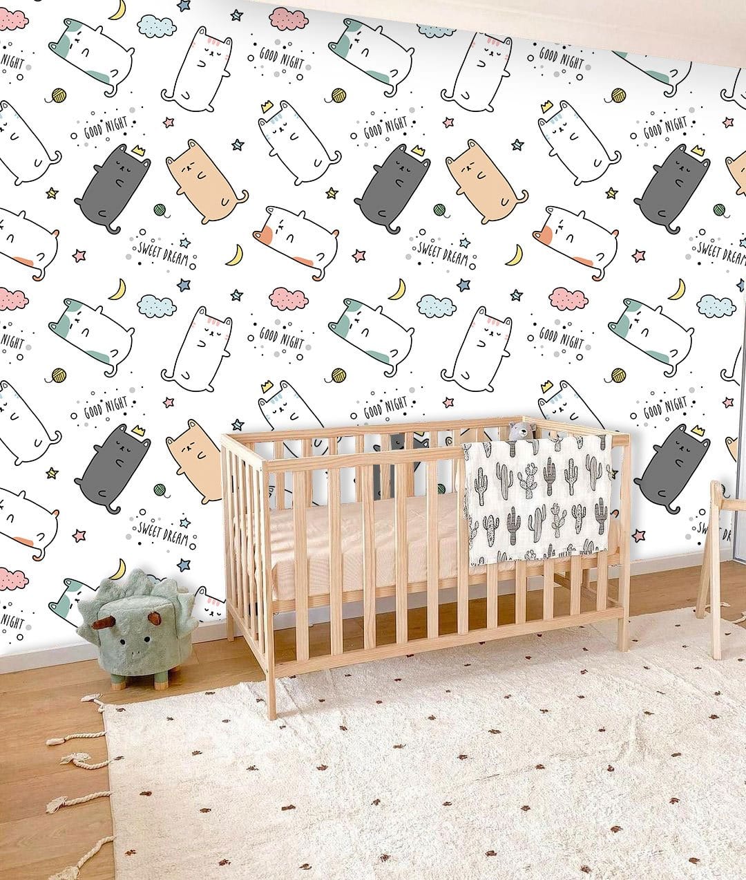 Good Night Cats Cartoon Wall Mural Nursery Room
