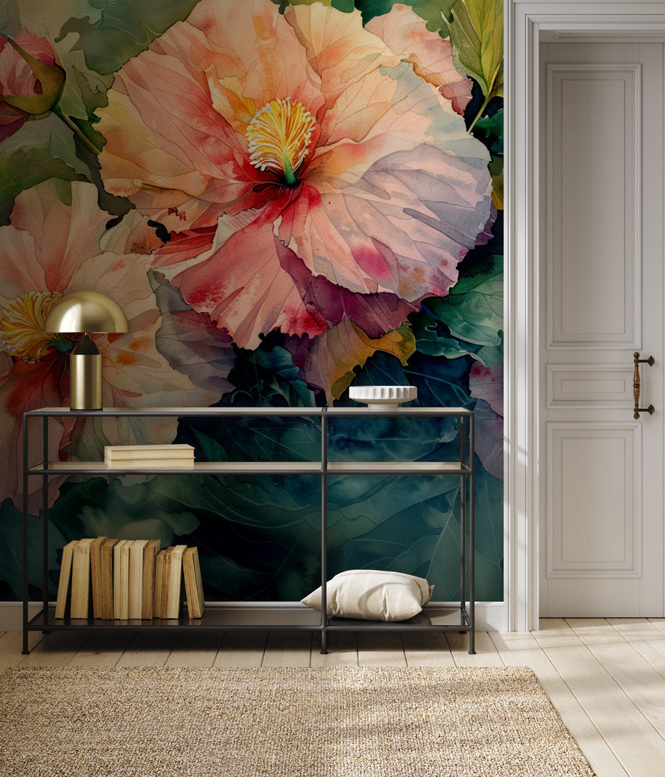 Elegant Tropical Large Floral Wallpaper in living room