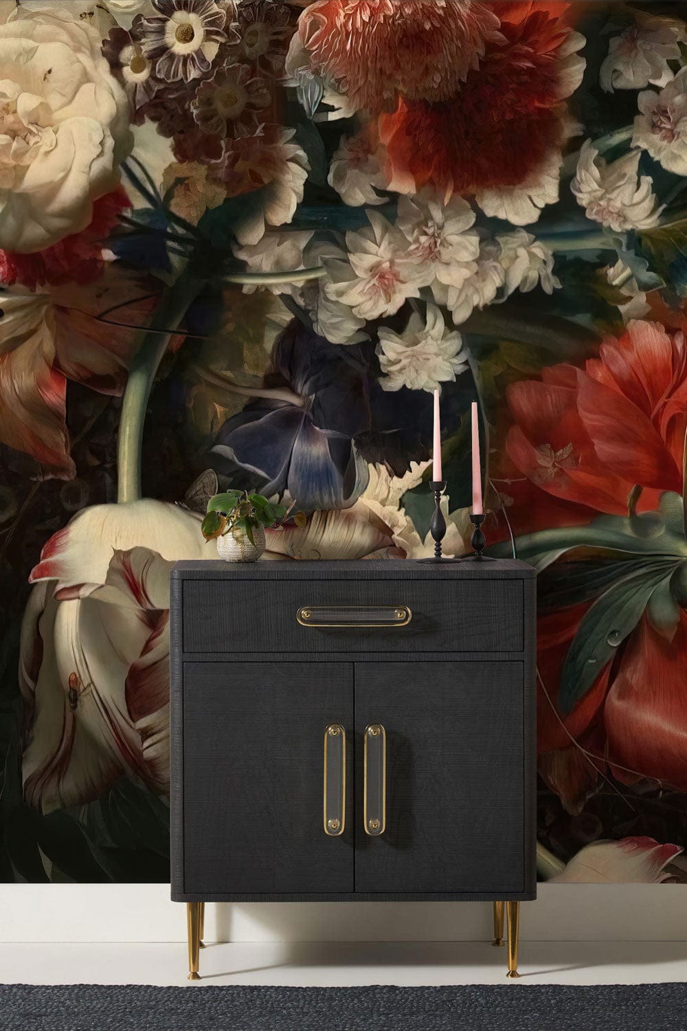 Traditional Hallway Decorating with a Wallpaper Mural Featuring Dark Flowers